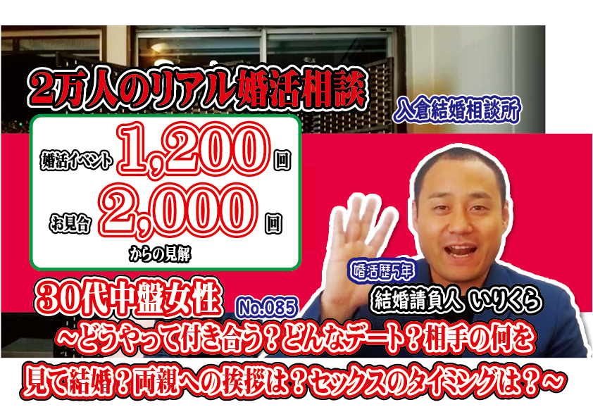 No.85　どうやって付き合う？どんなデート？相手の何を見て結婚？両親への挨拶は？セックスのタイミングは？～３０代中盤女性～【2万人のリアル婚活相談】