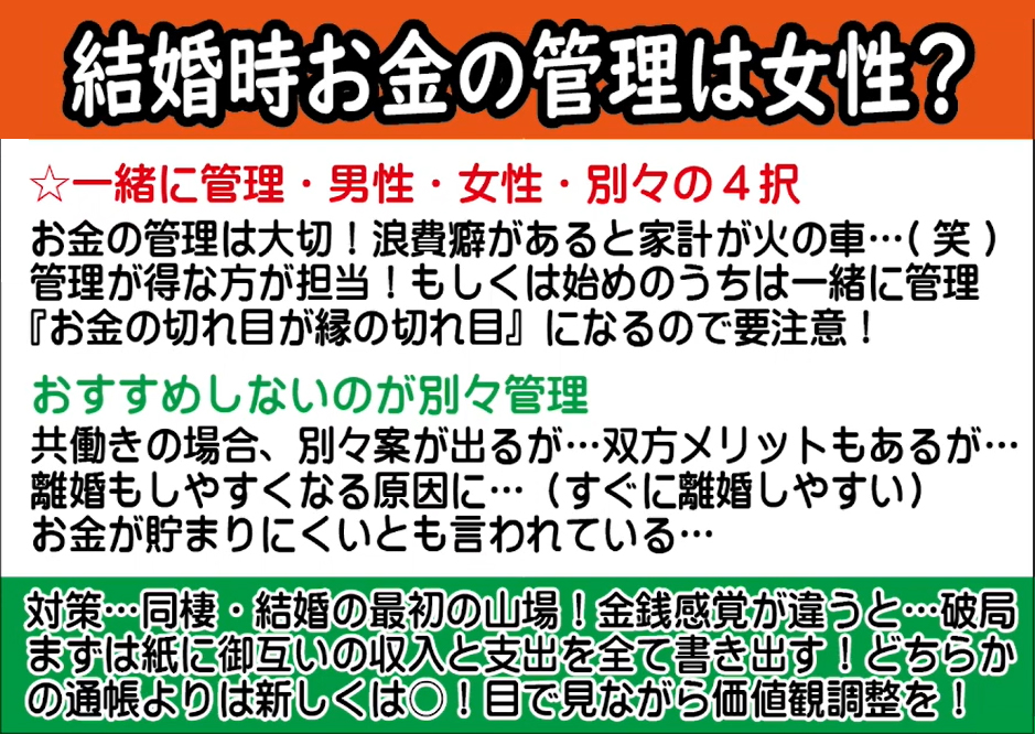 【テキスト版】結婚後にお金を○○が管理するのは絶対にやっちゃだめ！【2万人のリアル恋愛婚活相談】