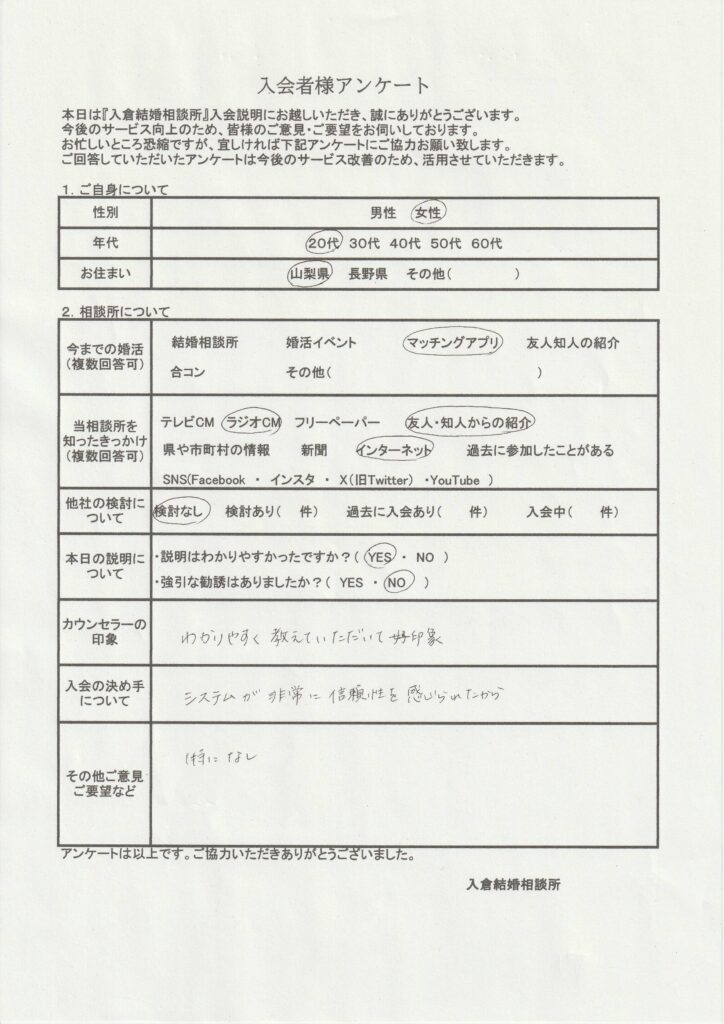 20代女性新規者入会のアンケート画像
