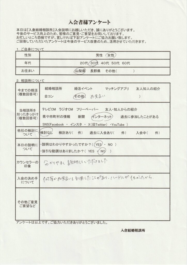 30代女性新規者入会のアンケート画像