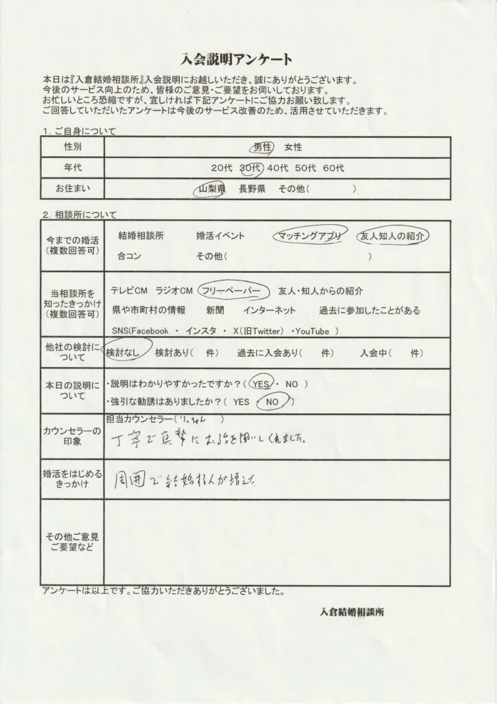 30代男性入会説明のアンケート画像