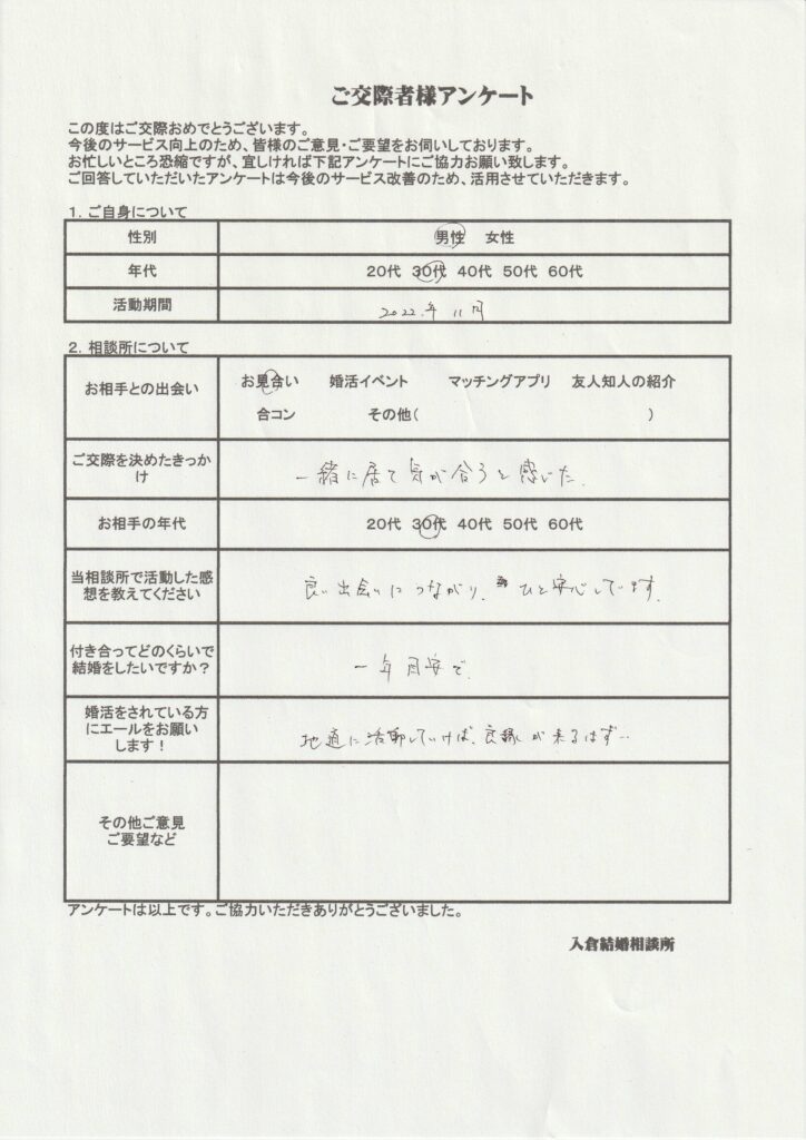 30代男性交際者様のアンケート画像