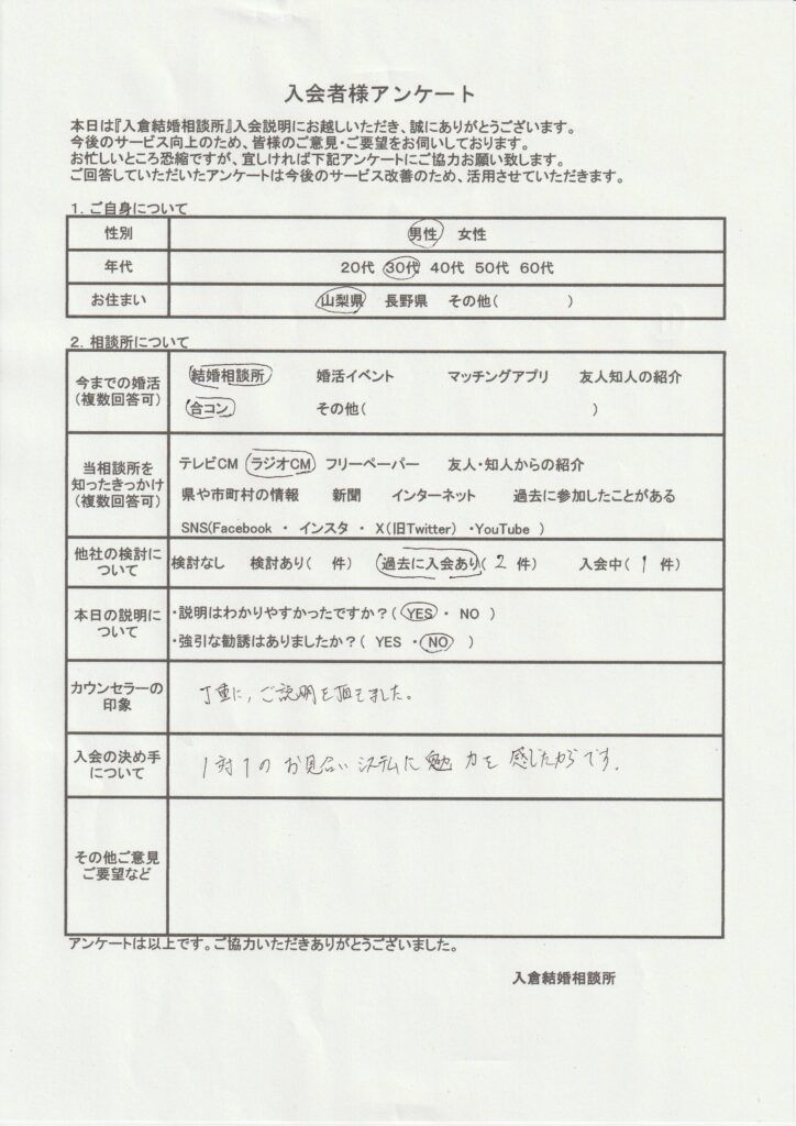 30代男性新規者入会のアンケート画像