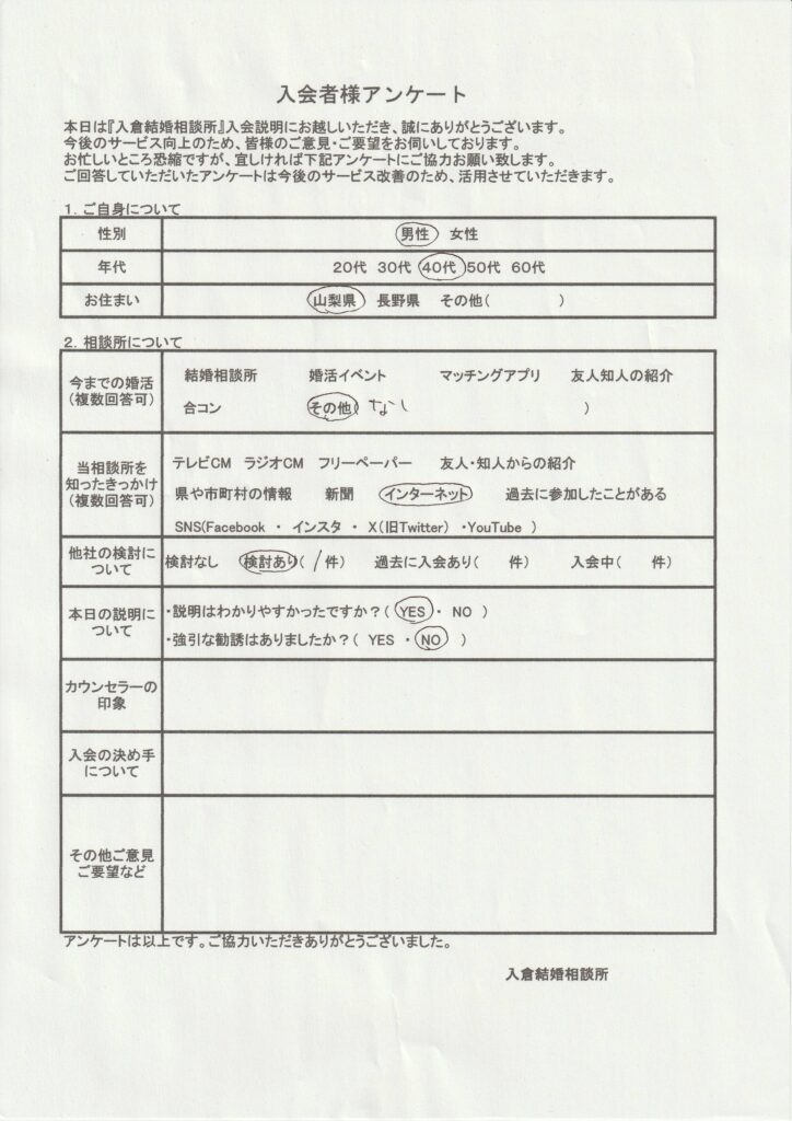 40代男性新規者入会のアンケート画像