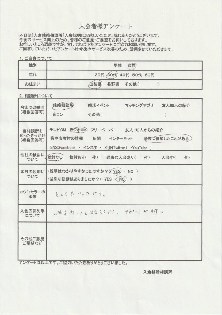 30代女性新規者入会のアンケート画像