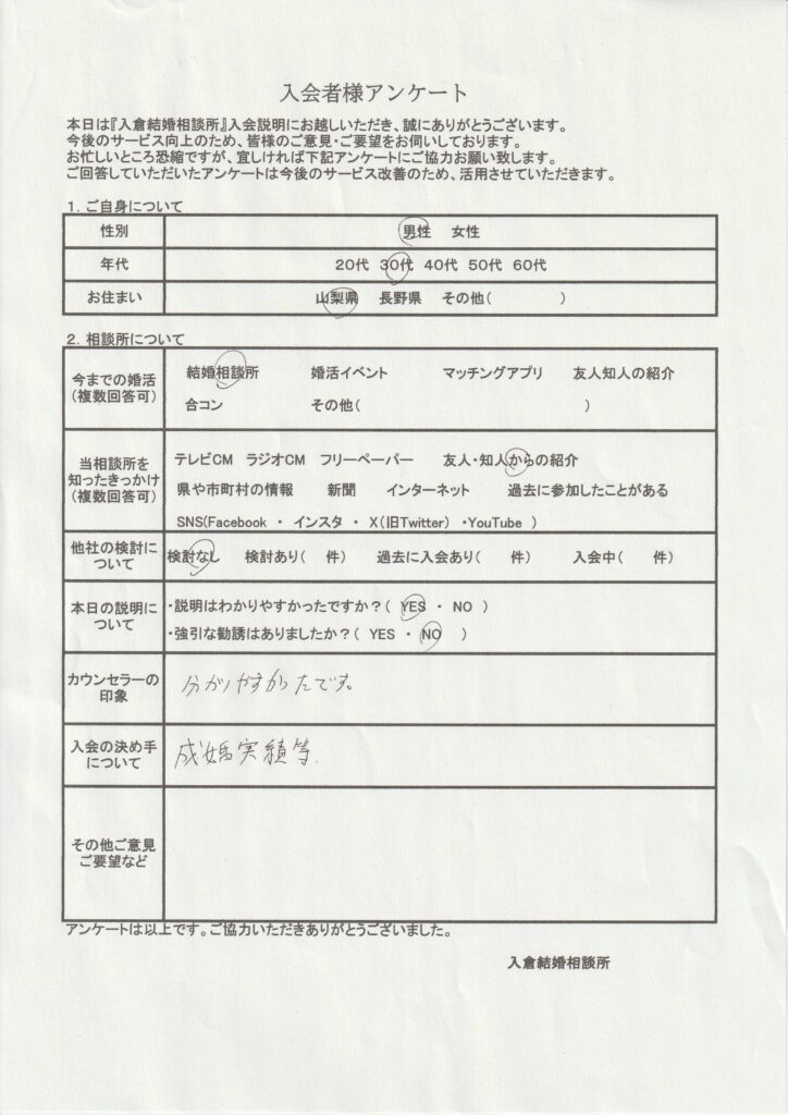 30代男性新規者入会のアンケート画像