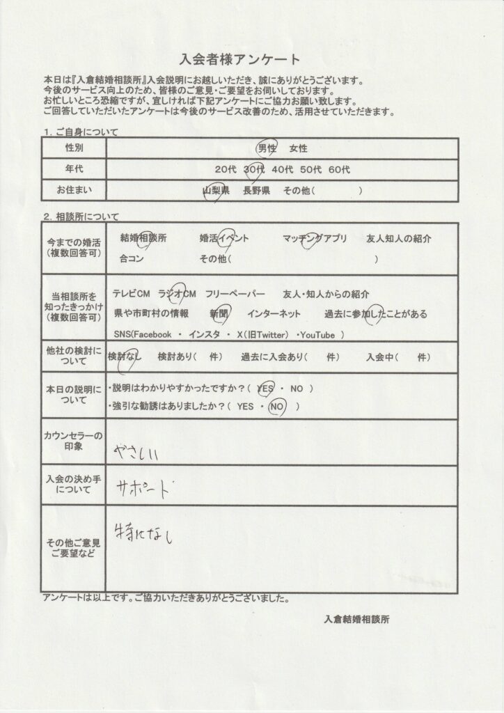 30代男性新規者入会のアンケート画像