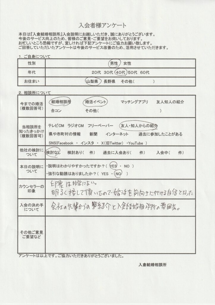 40代男性新規者入会のアンケート画像