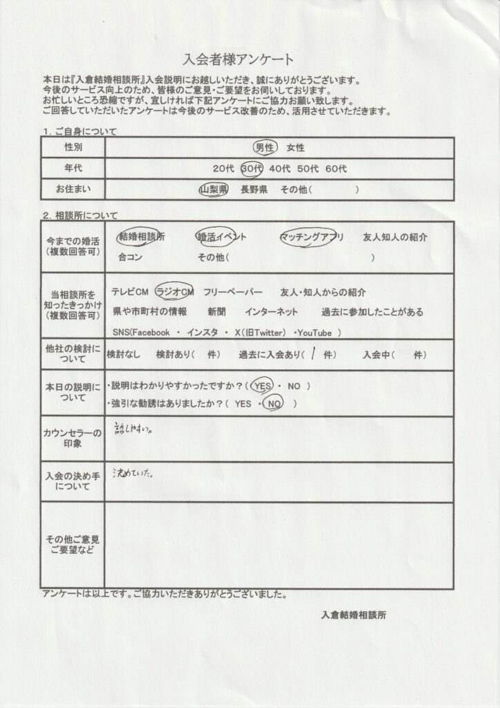 30代男性新規者入会のアンケート画像