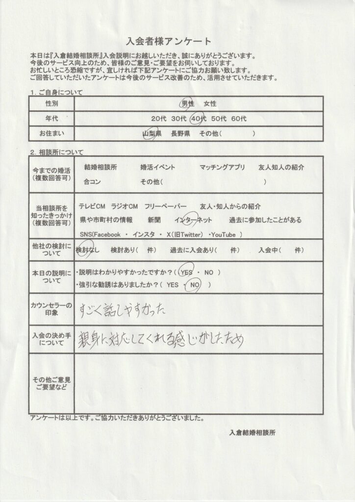 40代男性新規者入会のアンケート画像