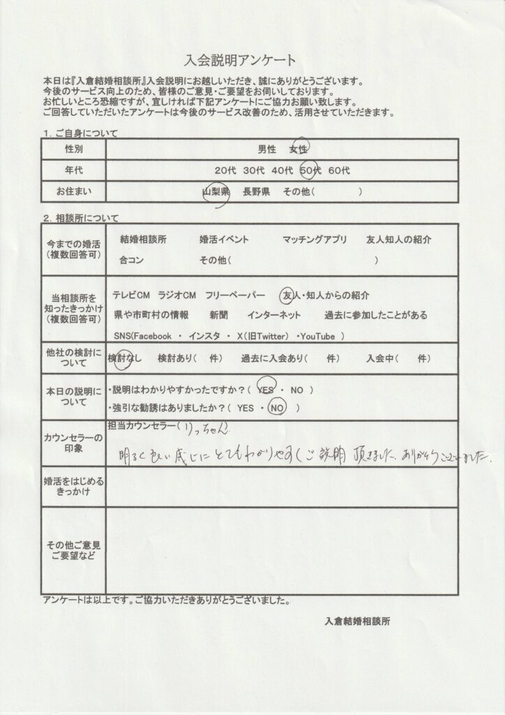 50代女性入会説明のアンケート画像