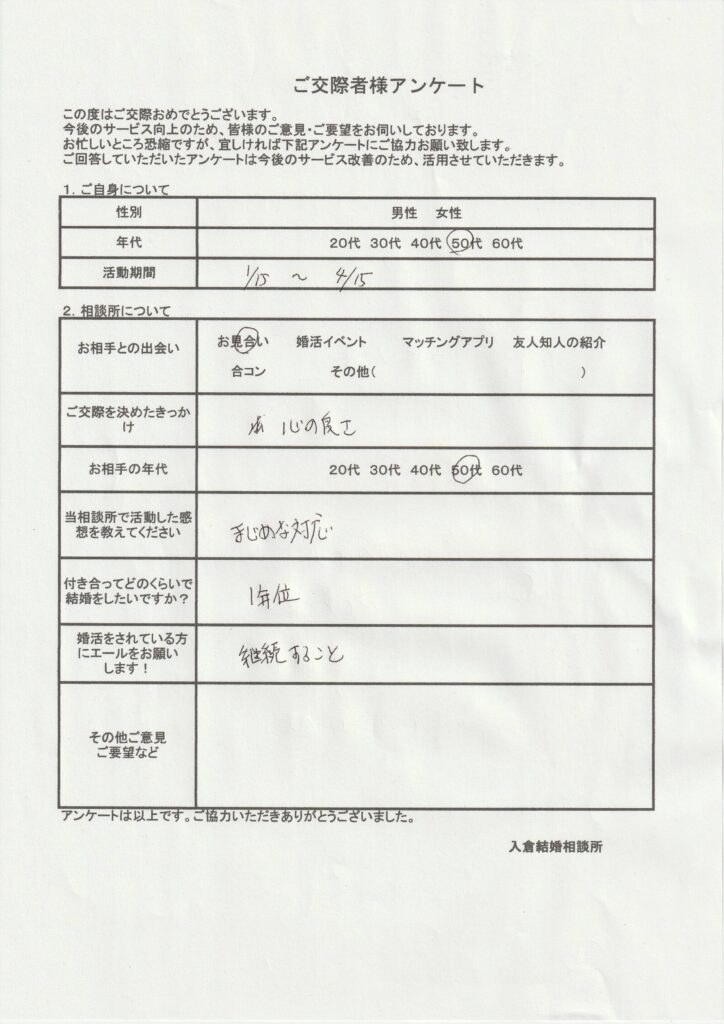 50代男性交際者様のアンケート画像