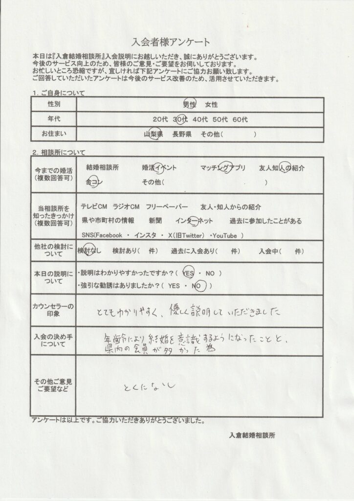 30代男性新規者入会のアンケート画像