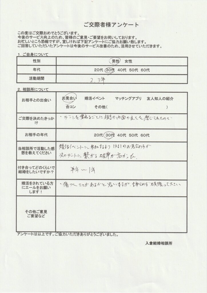 30代男性交際者様のアンケート画像