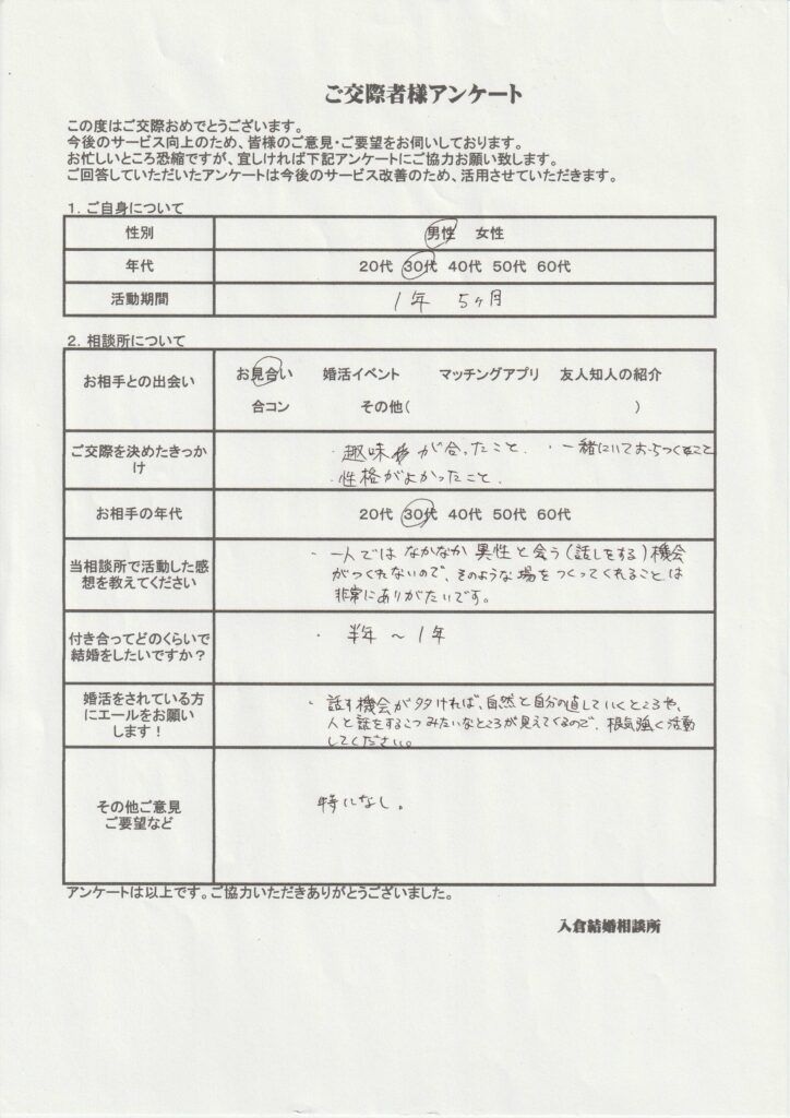 30代男性交際者様のアンケート画像