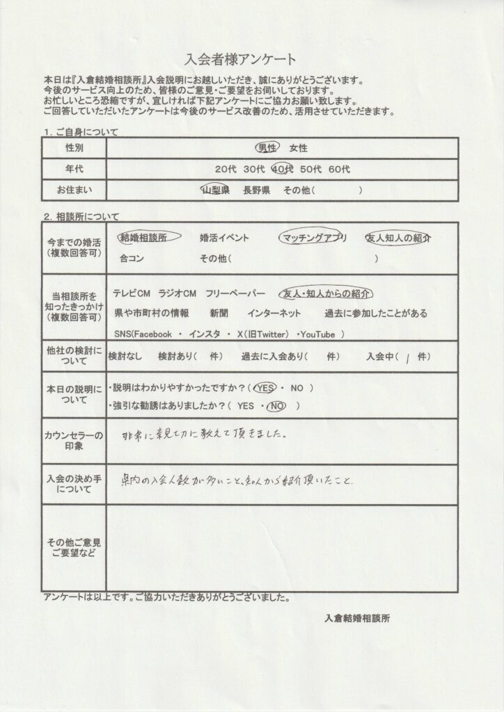40代男性新規者入会のアンケート画像