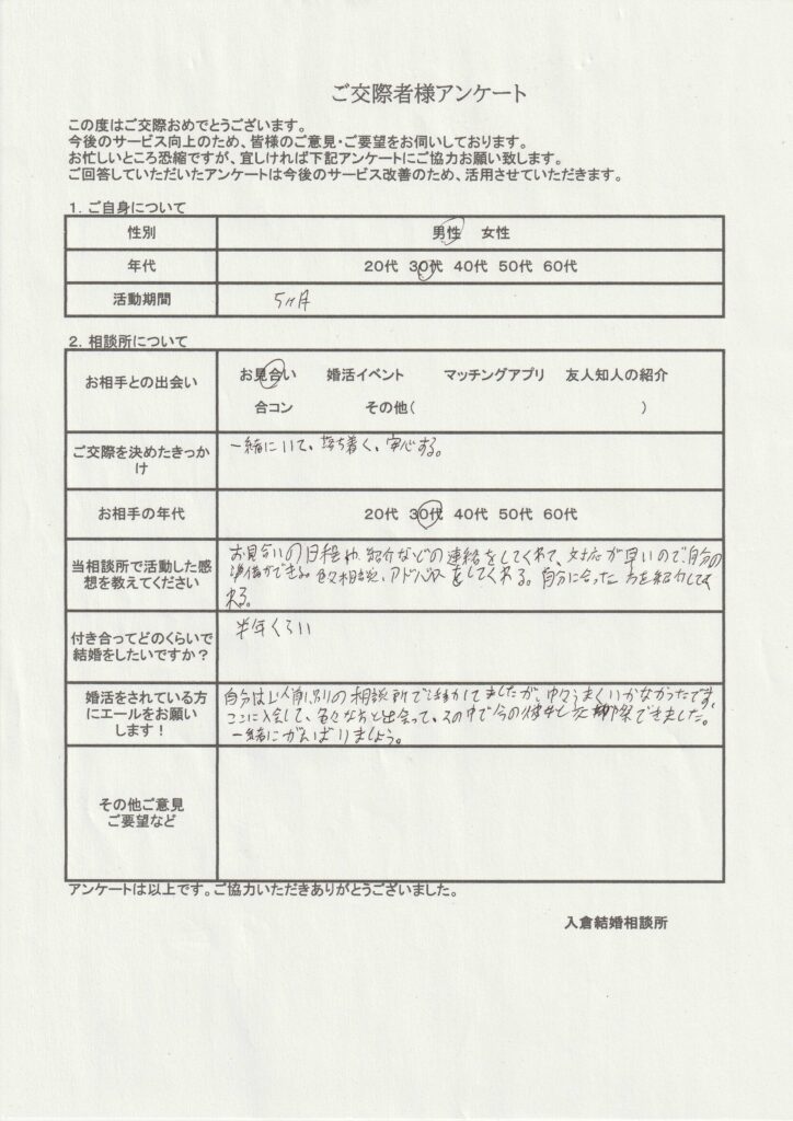 30代男性交際者様のアンケート画像