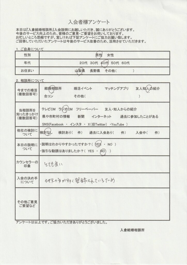 40代男性新規者入会のアンケート画像