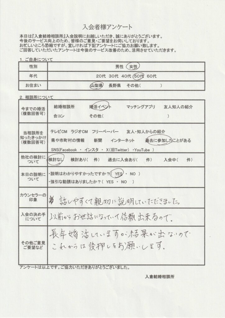 50代女性新規者入会のアンケート画像