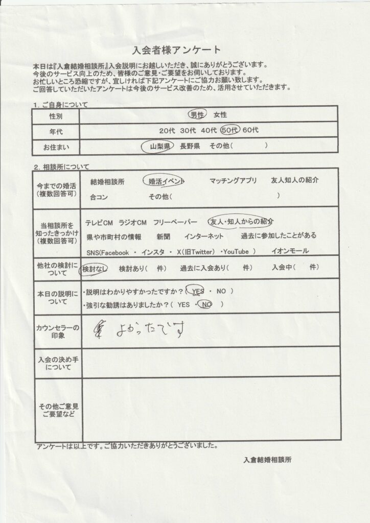 50代男性新規者入会のアンケート画像