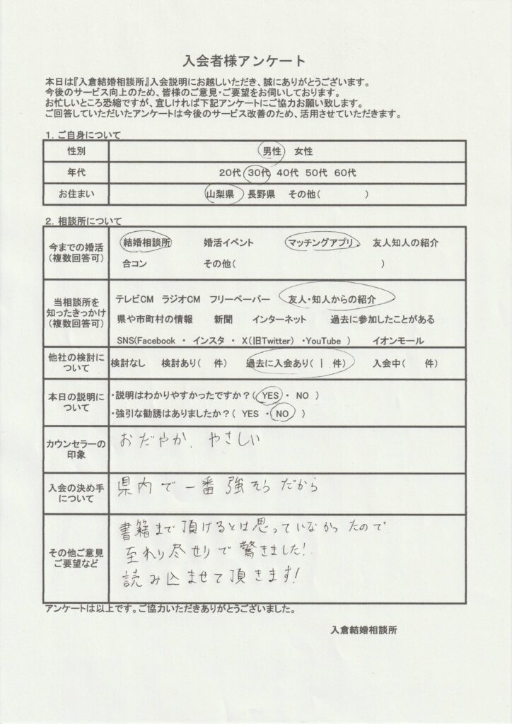 30代男性新規者入会のアンケート画像