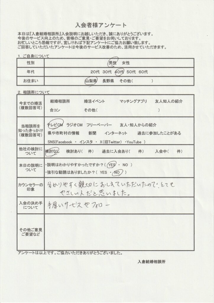 40代男性新規者入会のアンケート画像