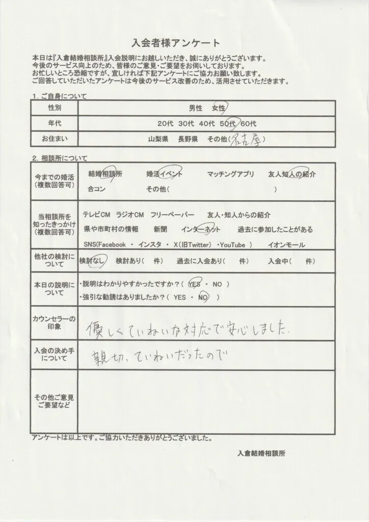 50代女性新規者入会のアンケート画像